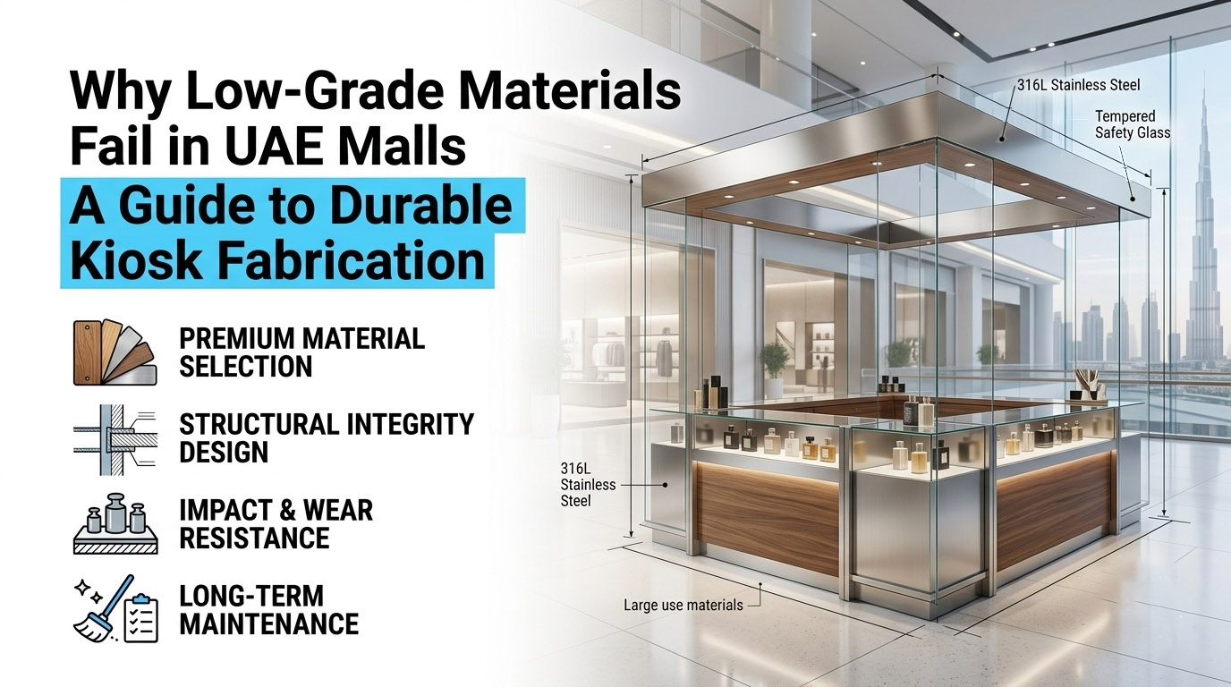 guide on low-grade material failure and durable kiosk fabrication in UAE malls.