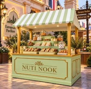 Custom food kiosk by Melody Structures at Global Village Dubai, featuring NUTI NOOK Italian sweets in the European Pavilion near Bolivar Asia.